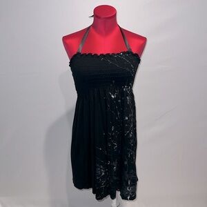 Stretchy Black Tube Top Dress with Satin Ribbon Halter Tie